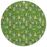 Close-up of round Dalyn Wonderland WN35 Green Washable Area Rug. Holiday pattern with nutcrackers, ballerinas, and Christmas trees.