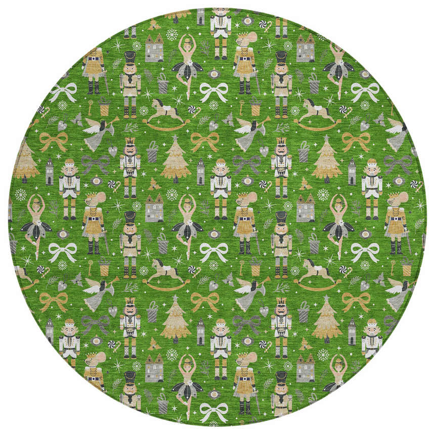 Close-up of round Dalyn Wonderland WN35 Green Washable Area Rug. Holiday pattern with nutcrackers, ballerinas, and Christmas trees.