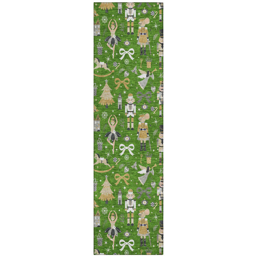 Close-up of the Dalyn Wonderland WN35 rug, featuring a green background with nutcrackers, ballerinas, and Christmas trees.