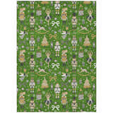 Dalyn Wonderland WN35 Green Washable Area Rug close-up. Holiday pattern with nutcrackers, ballerinas, and Christmas trees.
