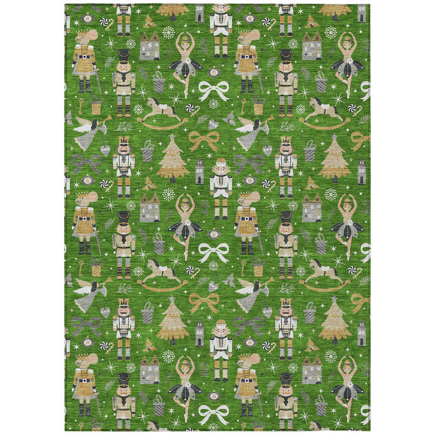 Dalyn Wonderland WN35 Green Washable Area Rug close-up. Holiday pattern with nutcrackers, ballerinas, and Christmas trees.
