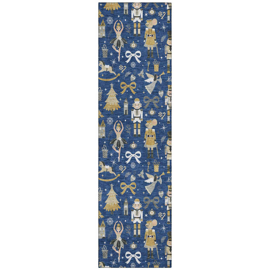 Close-up of the Dalyn Wonderland WN35 Navy Washable Area Rug featuring a holiday pattern with nutcrackers and ballerinas.