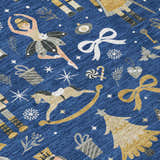 Close-up of Dalyn Wonderland WN35 Navy Washable Area Rug featuring holiday icons like nutcrackers and ballerinas.