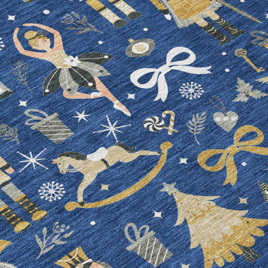 Close-up of Dalyn Wonderland WN35 Navy Washable Area Rug featuring holiday icons like nutcrackers and ballerinas.