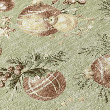 Close-up of the Dalyn Wonderland WN36 Aloe Washable Area Rug, featuring a holiday ornament and pine branch pattern on an aloe green background.