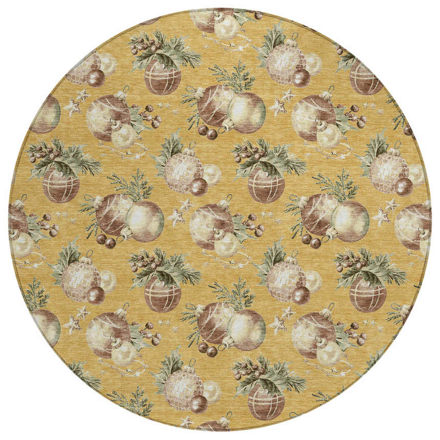 Close-up of round Dalyn Wonderland WN36 Gold Washable Area Rug featuring a holiday ornament and star pattern.