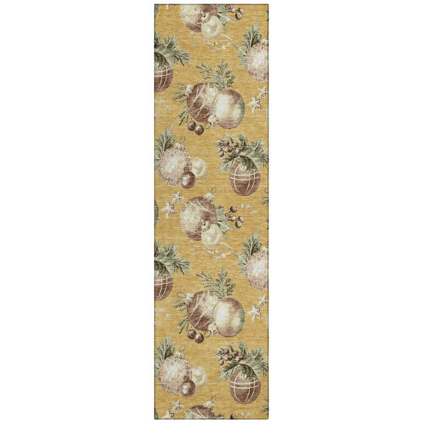 Dalyn Wonderland WN36 Gold runner rug featuring a holiday ornament pattern in gold, brown, and green tones.
