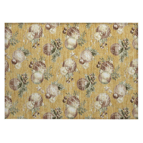 Close-up of Dalyn Wonderland WN36 Gold Washable Area Rug featuring a holiday ornament pattern in gold, brown, and green.