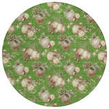 Close-up of Dalyn Wonderland WN36 Green Washable Area Rug. Round rug with holiday ornament, star, and berry pattern.