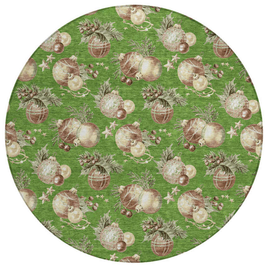 Close-up of Dalyn Wonderland WN36 Green Washable Area Rug. Round rug with holiday ornament, star, and berry pattern.