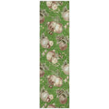 Close-up of Dalyn Wonderland WN36 Green Washable Area Rug. Features a festive ornament and star pattern on a green background.