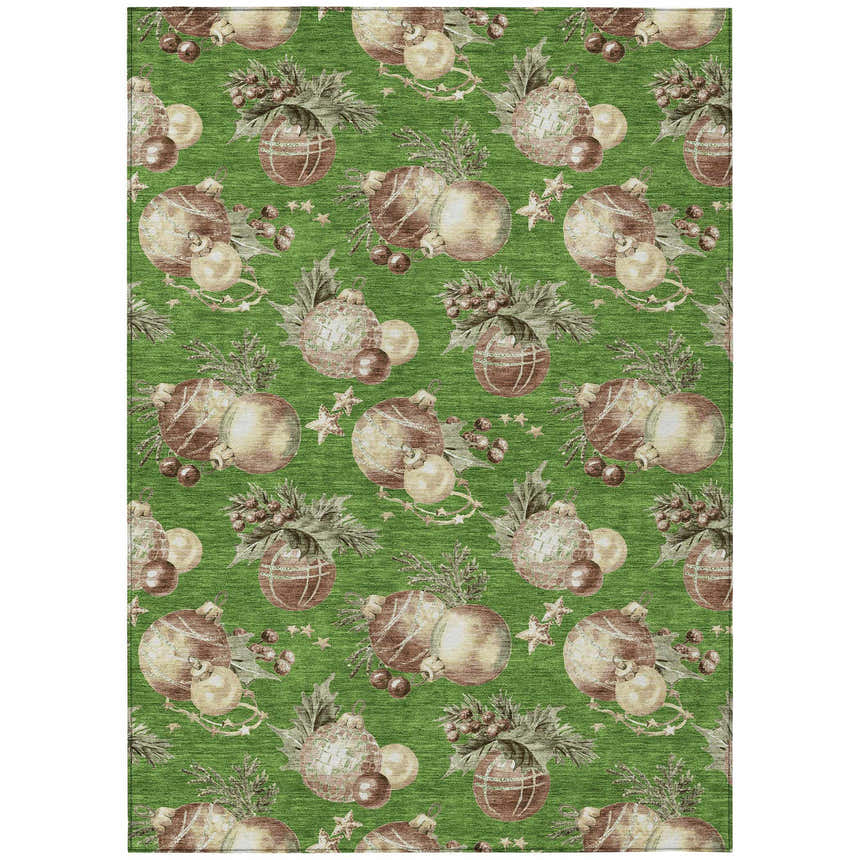 Close-up of Dalyn Wonderland WN36 Green Washable Area Rug. Holiday design with ornaments, stars, and berries.