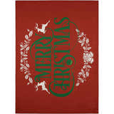 Close-up of the Dalyn Wonderland WN6 Red Washable Area Rug. Features a festive Merry Christmas design with reindeer and holly.