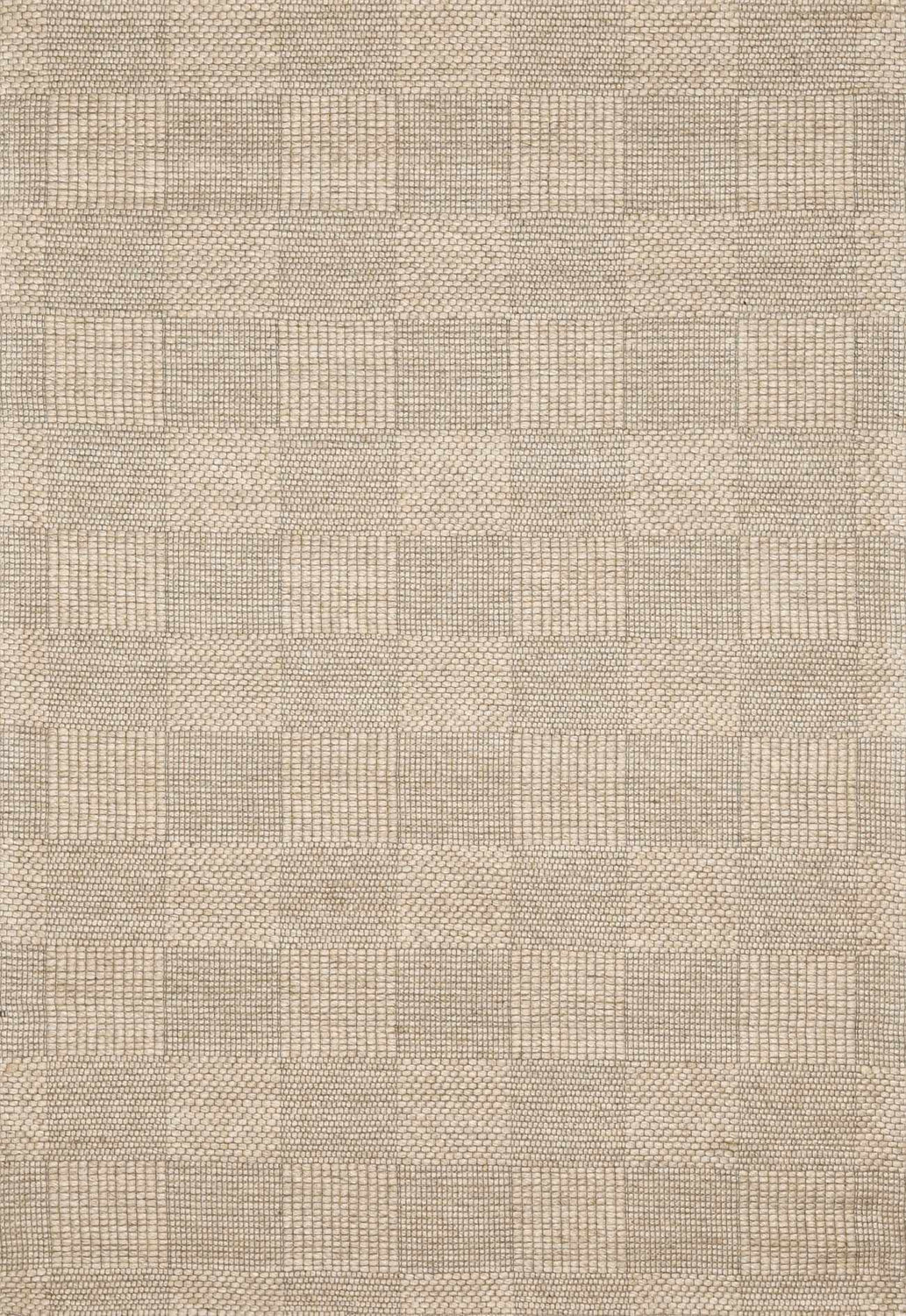 Close-up of the Wolseth Area Rug showing a hand-woven, textured, geometric block pattern in ivory and gray. Design-Rectangle-46