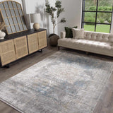 Calion Distressed Blue Luxury Fringed Faux Silk Rug