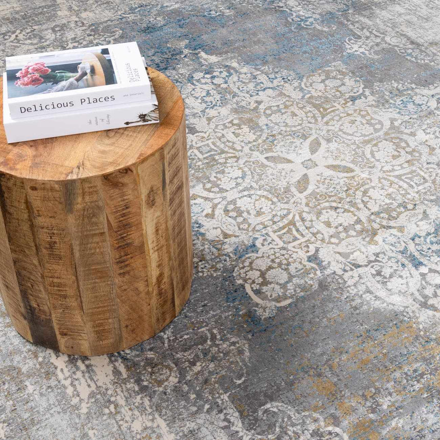 Calion Distressed Blue Luxury Fringed Faux Silk Rug