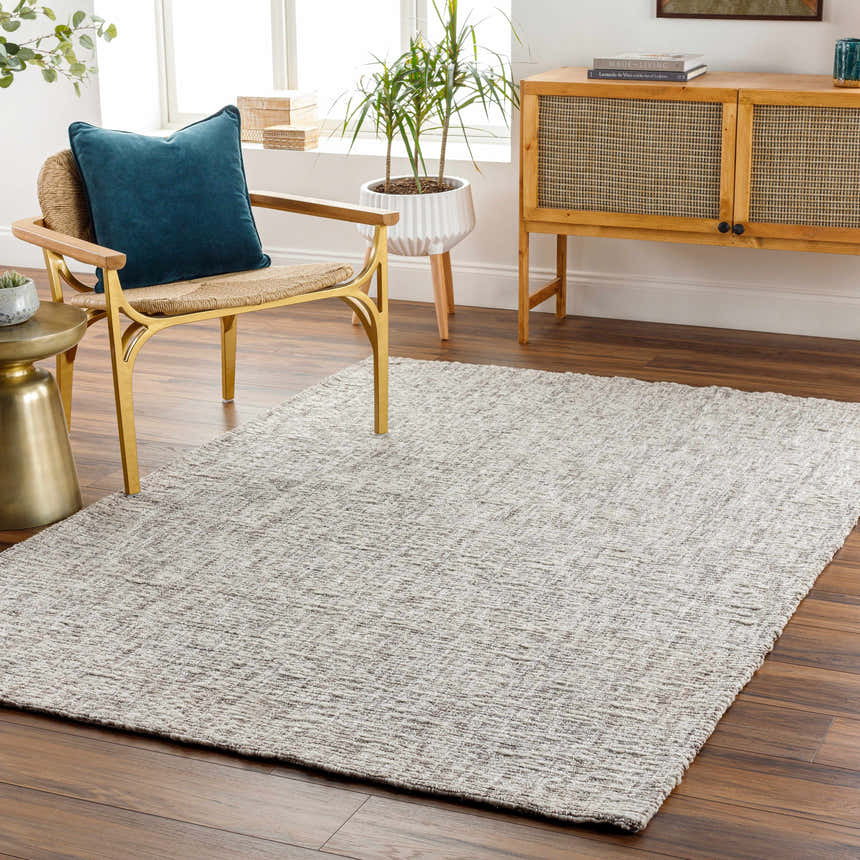 Living room scene with a neutral Westoning Area Rug, gold chair with blue pillow, and wood cabinet. Roomscene-Rectangle