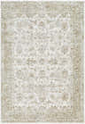 Close-up of the Arella Area Rug. Farmhouse style rug in ivory, sandstone, slate gray, and taupe with a traditional floral pattern. Design-Rectangle-6796