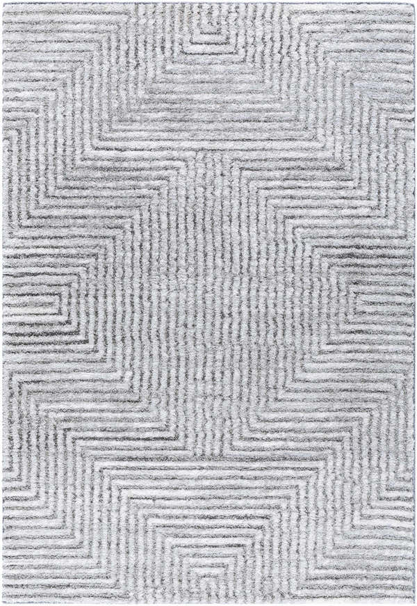 Close-up of Aerith Shag Area Rug. Light silver, sage, and silver gray geometric pattern with a soft shag texture. Design-Rectangle-537