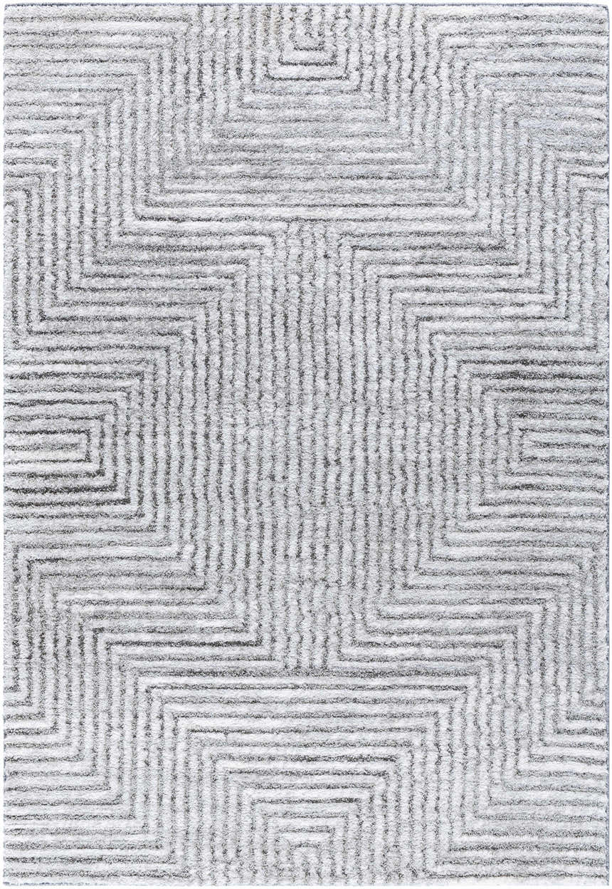 Close-up of Aerith Shag Area Rug. Light silver, sage, and silver gray geometric pattern with a soft shag texture. Design-Rectangle-537