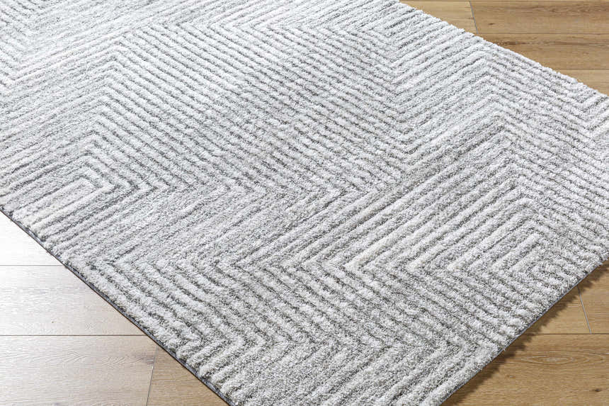 Close-up of the Aerith Shag Area Rug in light silver and silver gray, featuring a geometric chevron pattern and shag texture. Corner