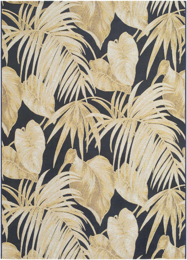 Close-up of the Amirah Midnight Blue Area Rug featuring a goldenrod palm leaf pattern on a dark blue background. Design-Rectangle-57