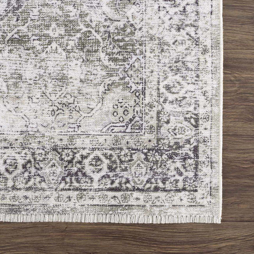 Close-up of the Gray Holi-4607 Washable Area Rug, featuring a traditional vintage design in gray and white on a wood floor. Swatch