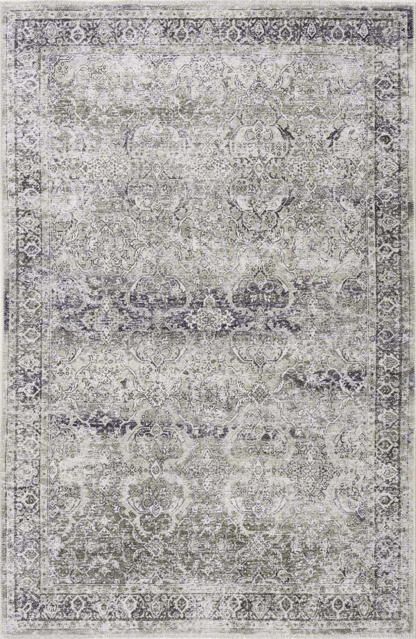Close-up of the Gray Holi-4607 Washable Area Rug. Features a traditional vintage pattern in gray and white tones. Design-Rectangle-5373