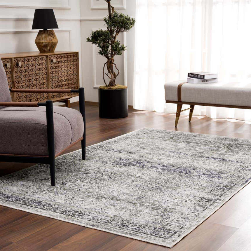 Living room scene with a Gray Holi-4607 Washable Area Rug, armchair, wood cabinet, bench, and wood floors. Roomscene-Rectangle