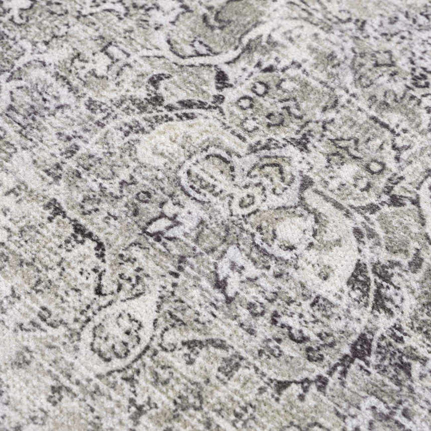 Close-up of the Gray Holi-4607 Washable Area Rug featuring a traditional vintage pattern in gray and white tones. Texture