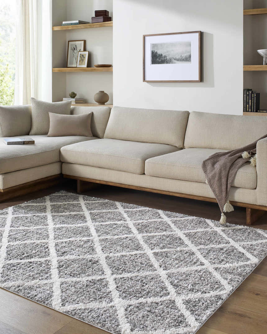 Living room scene with a light gray Anuhea Area Rug, beige sectional sofa, and light wood accents. Roomscene-Rectangle