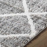 Close-up of the Anuhea Light Gray Area Rug showing its plush texture and white geometric pattern. Texture