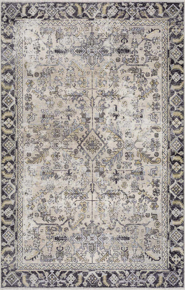 Close-up of the Holi-4606 Washable Area Rug. Traditional vintage style with black, gold, and neutral tones. Machine printed design. Design-Rectangle-5373