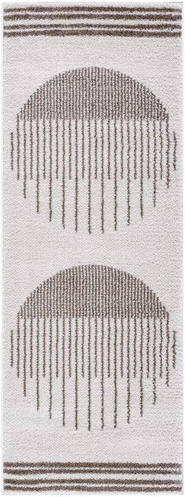 Close-up of the Apichu Brown Washable Area Rug featuring a geometric half-circle design with brown stripes on a cream background. Design-Runner-2773