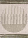 Close-up of Apichu Green Washable Area Rug. Features a lime green linear circle design on a textured cream background. Farmhouse style. Design-Rectangle-537