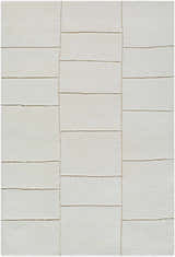 Close-up of the hand-tufted Xylia Beige Area Rug. Light silver and off-white wool rug with a contemporary block design. Design-Rectangle-576