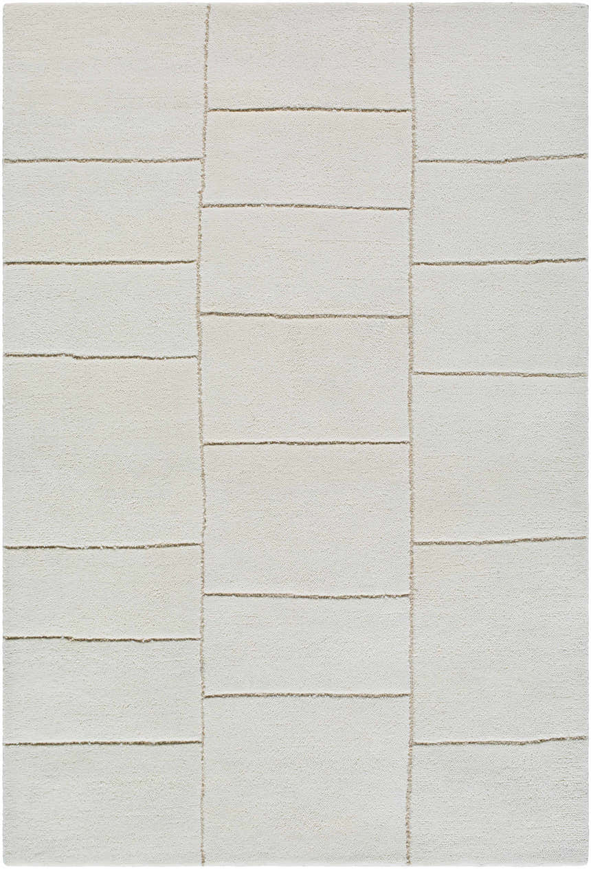 Close-up of the hand-tufted Xylia Beige Area Rug. Light silver and off-white wool rug with a contemporary block design. Design-Rectangle-576