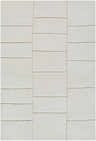 Close-up of the hand-tufted Xylia Beige Area Rug. Light silver and off-white wool rug with a contemporary block design. Design-Rectangle-576