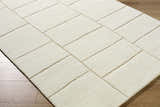 Close up of the Xylia Beige Area Rug showing its hand tufted wool texture and contemporary block design. Corner