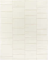 Close-up of the hand-tufted Xylia Beige Area Rug. Light silver and off-white wool rug with a contemporary rectangular pattern. Design-Rectangle-810