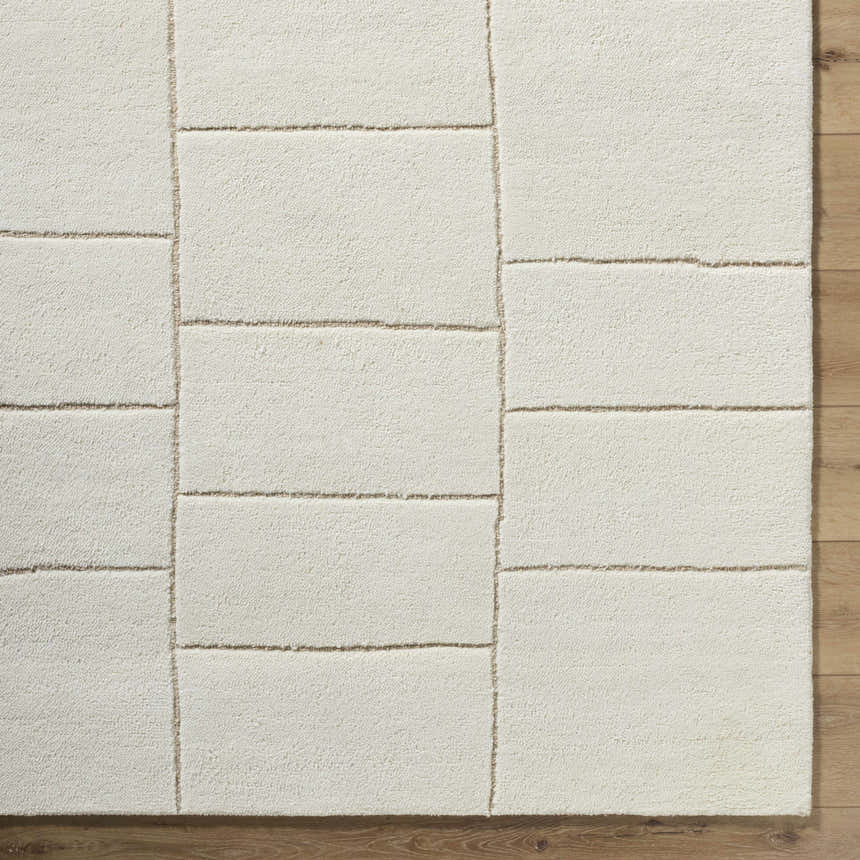 Close-up of the hand-tufted Xylia Beige Area Rug. Off-white wool with a contemporary rectangular block pattern. Corner