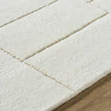 Close-up of the Xylia Beige Area Rug. Hand-tufted wool rug with a rectangular pattern in off-white and light silver. Soft texture. Texture