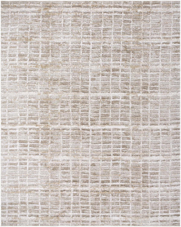Close-up of Ayashe Shag Area Rug. Light beige, off white, and tan shag rug with a textured geometric pattern. Design-Rectangle-71010