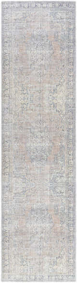 Close-up of the Yachi Washable Area Rug. Traditional farmhouse style with gray, silver, and prairie dust tones. Machine woven texture. Design-Runner-2710