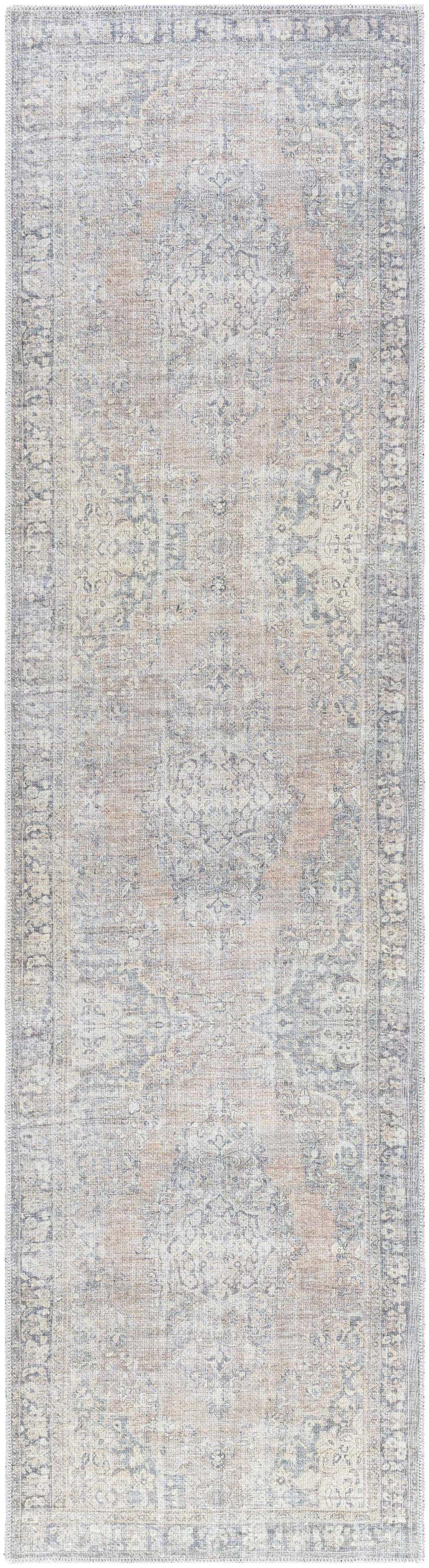 Close-up of the Yachi Washable Area Rug. Traditional farmhouse style with gray, silver, and prairie dust tones. Machine woven texture. Design-Runner-2710