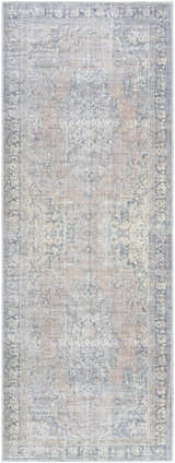 Close-up of the Yachi Washable Area Rug. Farmhouse style rug in gray, silver, and prairie dust colors with a traditional pattern. Design-Runner-2773