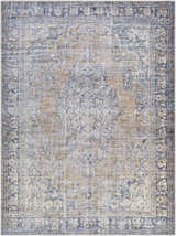 Close-up of the Yachi Washable Area Rug. Farmhouse style rug in gray, light silver, and prairie dust with traditional floral pattern. Design-Rectangle-537