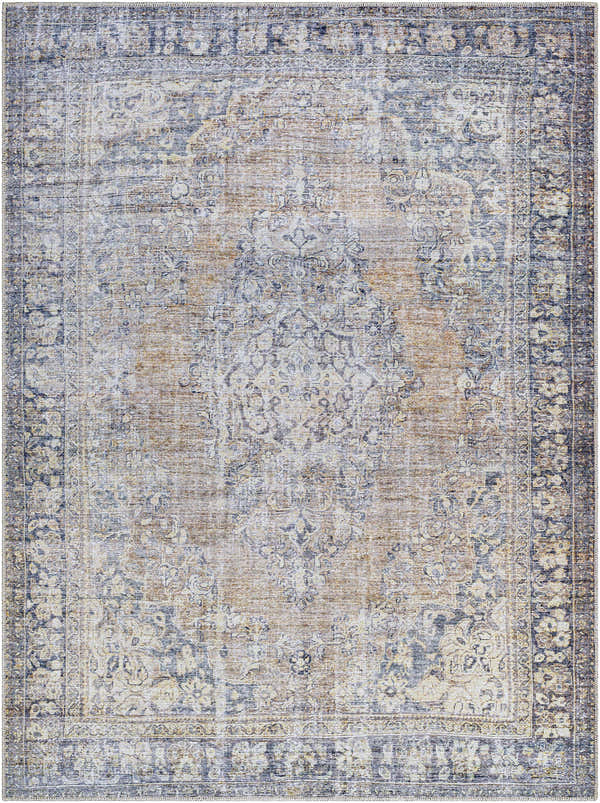 Close-up of the Yachi Washable Area Rug. Farmhouse style rug in gray, light silver, and prairie dust with traditional floral pattern. Design-Rectangle-537