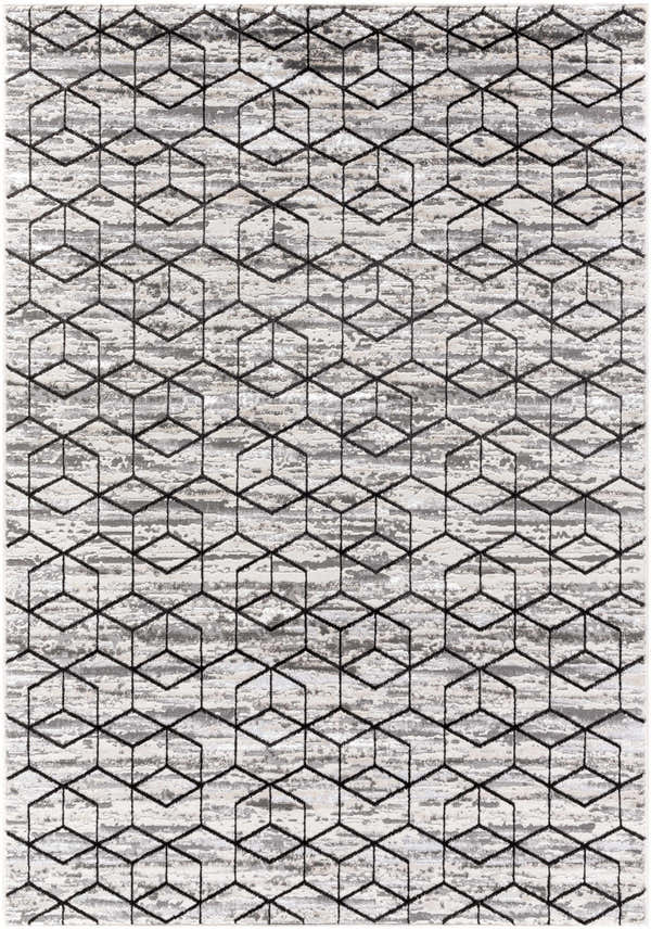 Close-up of the Yaqub Area Rug, featuring a black geometric pattern on a textured gray, off-white, and white background. Design-Rectangle-527