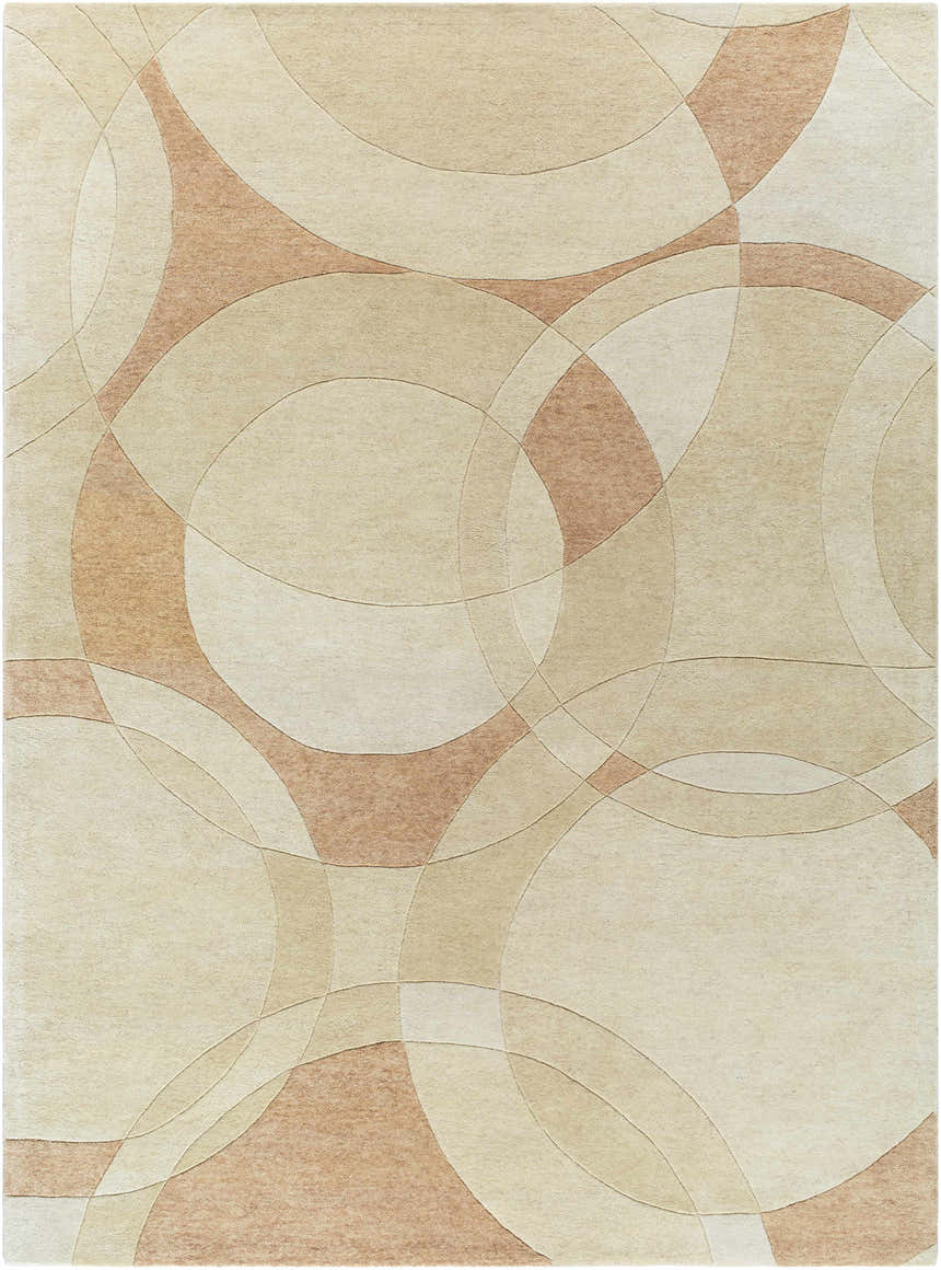 Close-up of the Yaxha Modern Wool Rug with a geometric pattern in camel, tan, and warm gray hues. Hand-tufted texture. Design-Rectangle-811